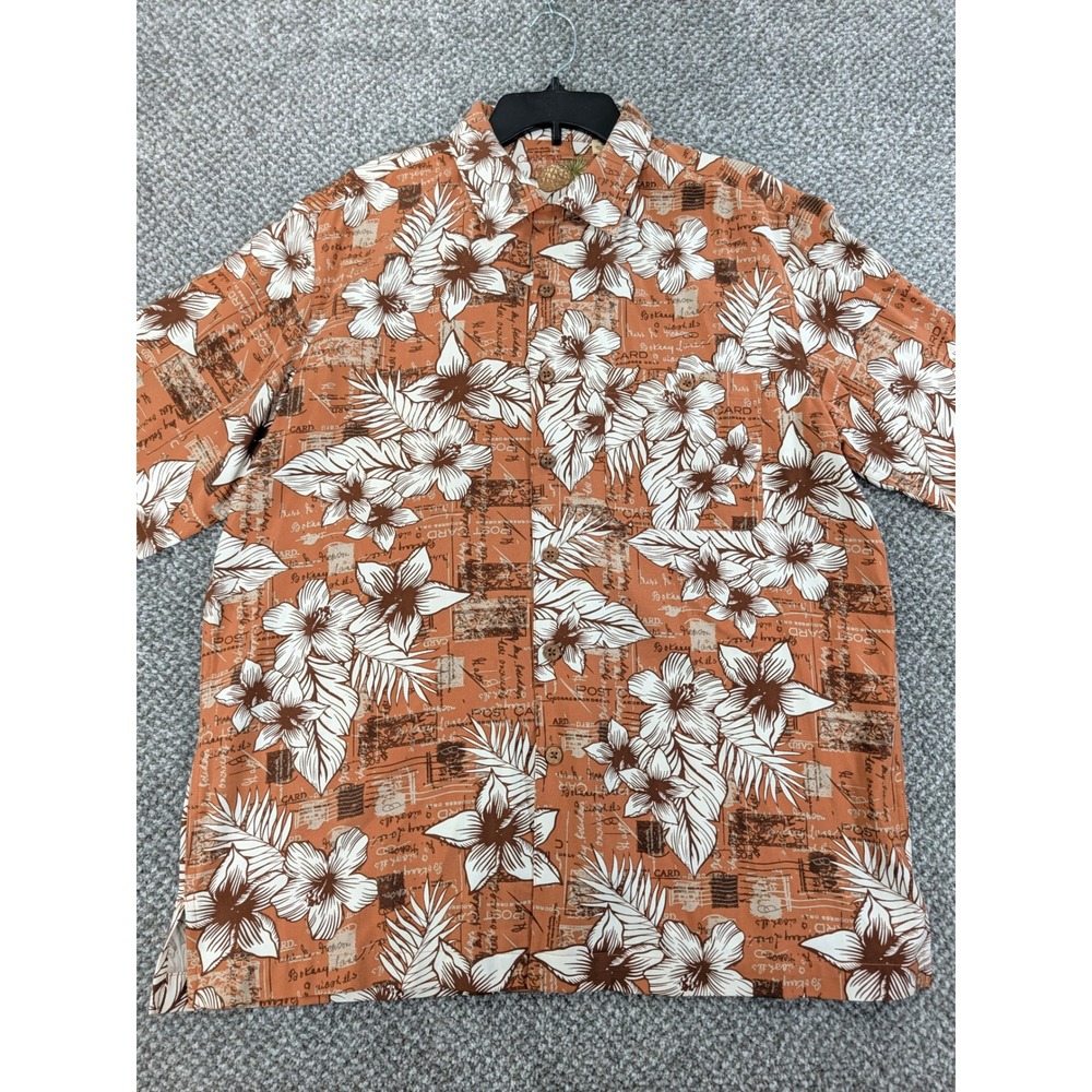 Caribbean Mens Silk Cotton Hawaiian Shirt Orange Floral Postcard Print Medium